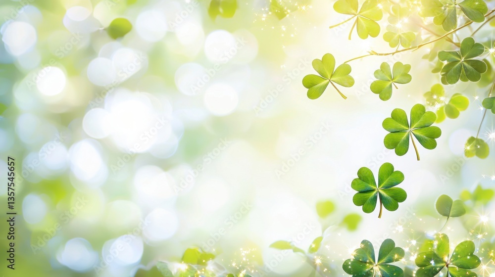 Poster a serene background featuring green clovers and a soft bokeh effect, creating a fresh and uplifting 