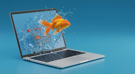 Goldfish Leaping from Laptop Screen into Shopping Cart Online Shopping Concept