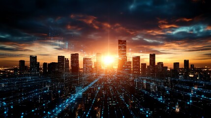 Obraz premium A stunning city skyline at sunset, showcasing modern architecture and vibrant colors against a dramatic sky.