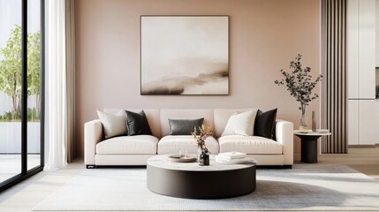 Fototapeta premium Modern living room design contemporary home interior photography bright environment wide angle view minimalist concept