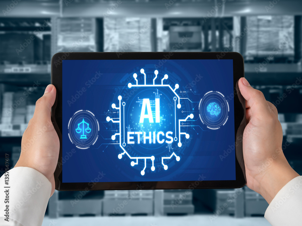Poster ai ethics responsibility standard law and rules on computer screen provide report of ai ethic transp