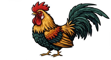 Vividly colored rooster illustration with detailed plumage on plain background