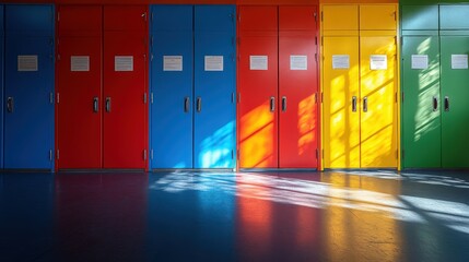 Array of colorful lockers creating a vibrant pattern in an academic setting