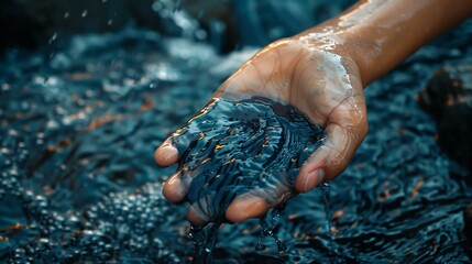 A close-up of a hand gently cradling clear water, capturing the essence of nature's beauty and the importance of preserving our precious water resources.