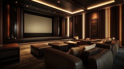 Luxurious home theater experience modern interior cinema room cozy ambiance wide-angle view entertainment reflection