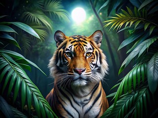 Majestic Tiger in Tropical Rainforest Night - Wildlife Stock Photo