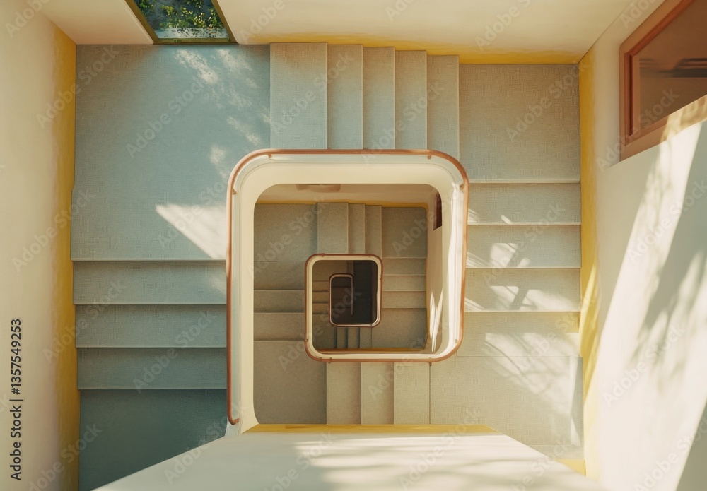 Poster an overhead view of the interior staircase. the staircase features a square frame in pastel colors, 