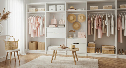 Organized Walk in Closet with Pastel Clothing Hats and Accessories