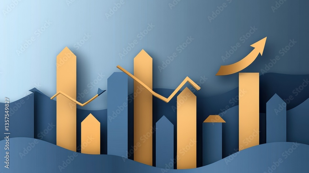 Leinwandbilder modern business background featuring layered paper cut bar charts and upward arrows in gold and blue
