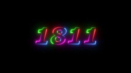 1811 neon line text. Abstract 1811 neon text animation ,For neon color Glowing neon number text background 4k video animation . 1811 title metal text on black alpha channel background.