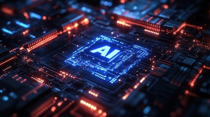 Fototapeta premium Artificial intelligence chip on futuristic circuit board.