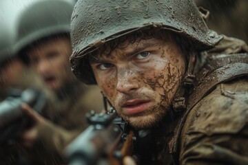 Fototapeta premium Close up of a soldier with a mud-covered face aiming a rifle during intense combat in rain and dirt.