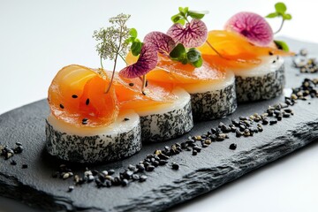 Delicate sushi art showcases vibrant salmon and floral garnishes on a sleek black plate in a modern culinary setting