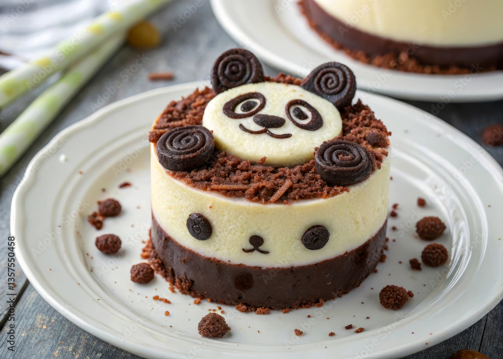 Poster a small, decorated cake with a panda face made from chocolate on a plate. there are additional plate