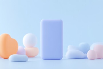 Pastel-toned phone mockup with geometric shapes.  A soft, light blue background is filled with various pastel-colored, simple geometric shapes.  