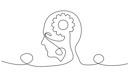 Gear Inside Brain Abstract Human Head Line Art Design. Psychology and creative thinking vector art