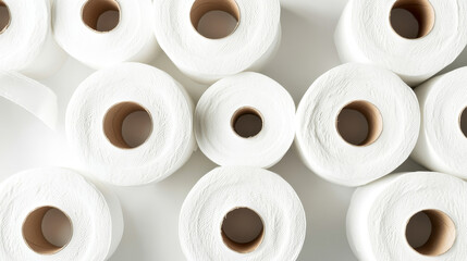 A vertical shot of neatly stacked toilet paper rolls, showcasing their smooth texture and clean, white appearance