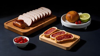 Boiled sausage with a strawberry on a dark background.