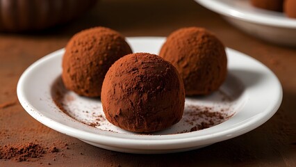 Chocolate truffles on a white plate.