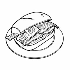 black outline vector of bacon butty sandwich with crispy bacon in a bread roll isolated on a white background