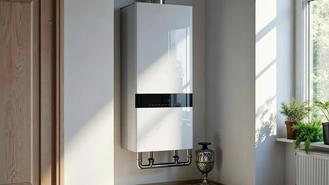 Modern home gas boiler, water heater placed in apartment. White modern home gas copper mounted on a grey wall on a kitchen. Water heater. Water heating, ecology.