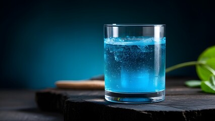 A glass of blue drink on a minimal background.
