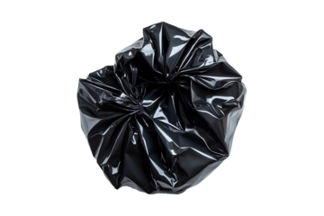 Crumpled Black Garbage Bag Isolated on Transparent Background PNG Image.