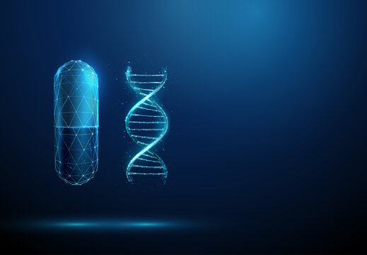 BMedical capsule with DNA helix. Gene therapy, pharmacogenetics, biotech drugs and nanotechnology medicine concept. Low poly style