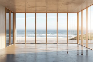 Minimalist beach house interior with stunning ocean view through large windows