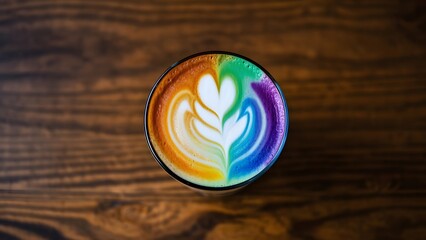 Rainbow coffee on a wooden table.