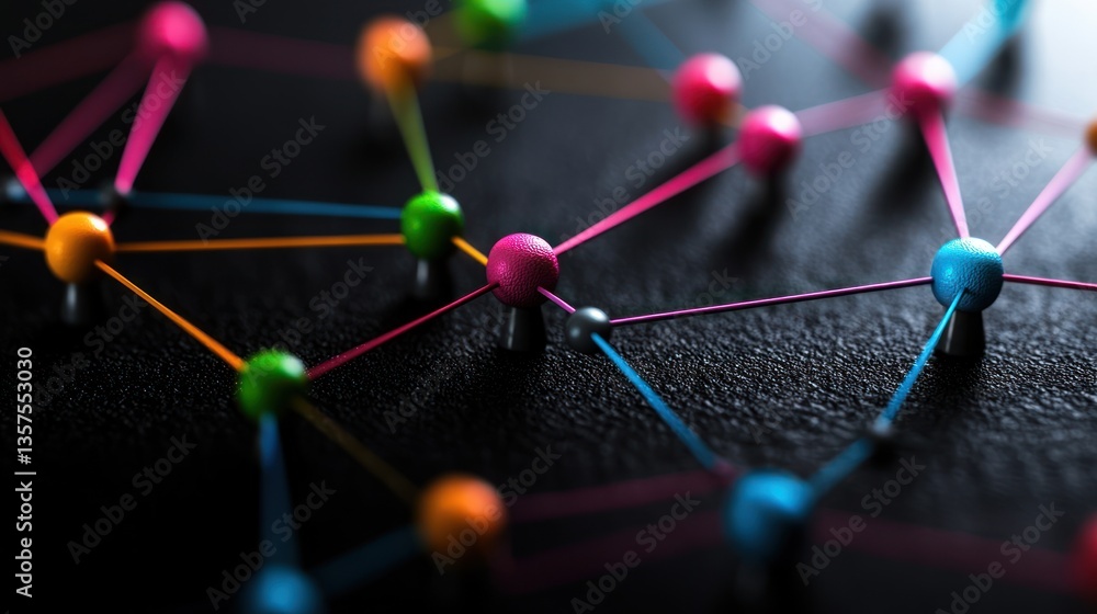 Poster colorful network of pins and strings on a dark surface, symbolizing connectivity and collaboration