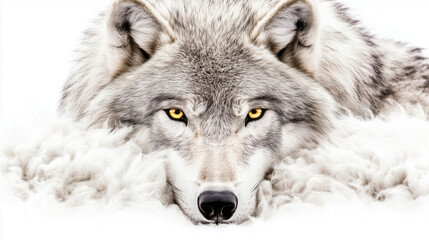 Obraz premium Fierce Gray Wolf with Piercing Yellow Eyes, Head Slightly Lowered as if Stalking Prey, Fully Isolated on White Background, Generated AI 