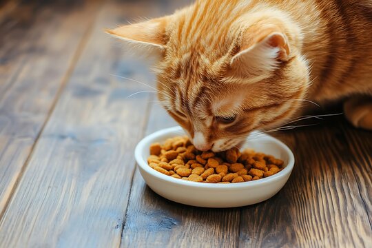 Cat eating dry kibble from bowl, close-up view, ginger fur, pet feeding time, happy feline, wooden background Ultra HD photo