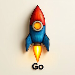 Colorful rocket icon with a flame, symbolizing creativity and innovation, set against a light background with the word Go.