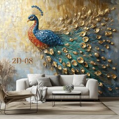 Peacock art print on living room wall
