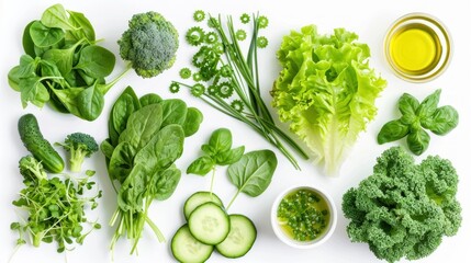 Fresh Greens and Vegetables on White Background for Healthy Food Concepts