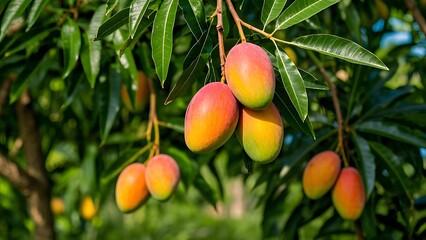 Ripe red and yellow mangoes on a tree.