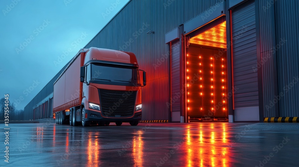 Poster a freight truck is positioned at an illuminated loading dock of a warehouse. the rain slicked ground