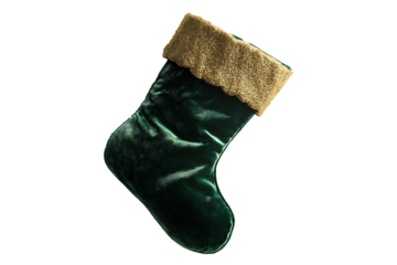 Green Stocking with Fur Trim Isolated on Transparent Background PNG Image.