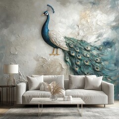Peacock art print on textured wall in living room
