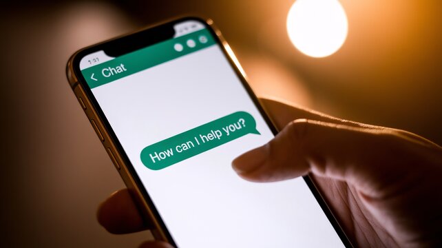 Digital Dialogue: A close-up shot reveals a hand holding a smartphone with a messaging app open, displaying a chat interface with the message "How can I help you?".