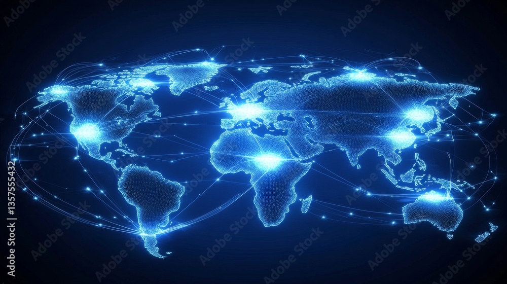 Poster global connectivity visualized digital world map technology infographic dark background abstract vie