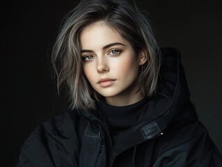 Young Woman with Grey Hair, and Dark Background.