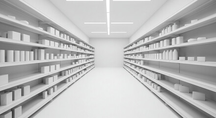 Empty White Supermarket Aisles with Shelves Stocked with Blank Products Retail Store Interior