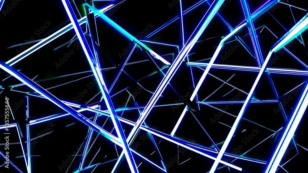 Poster dynamic video concept featuring intersecting neon light beams at various angles, creating a futurist