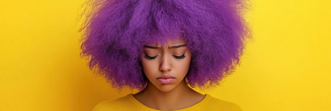 Epilepsy awareness, Purple Day concept. Young Woman with vibrant purple hair on yellow background. - Powered by Adobe