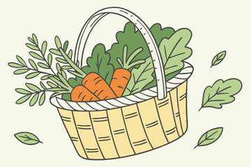 2 Cartoon basket, fresh vegetables, green leafy produce, orange carrots, woven picnic basket, farmers market, vibrant colors, clean graphic style, vector illustration, minimalist design, healthy eatin