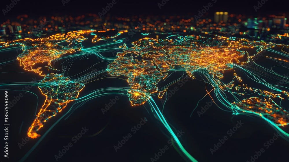 Poster global connectivity visualizing data flow across continents digital map nighttime tech concept