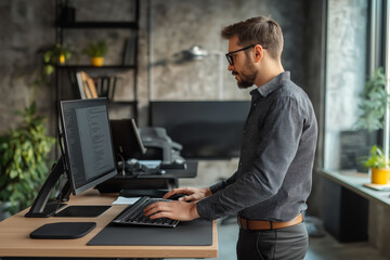 Professional man using a standing desk with dual monitors, modern office space.
