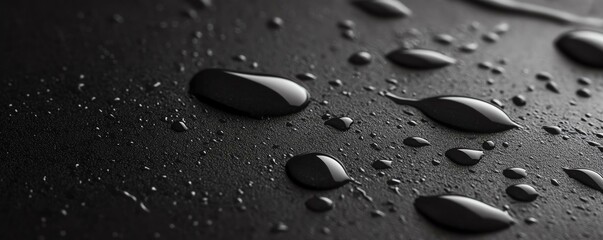 Close-up of water droplets on a dark surface, highlighting texture and reflections. Perfect for themes of freshness, purity, and calm.